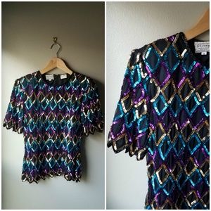 Vintage Sequin Top Harlequin Small Black Blouse